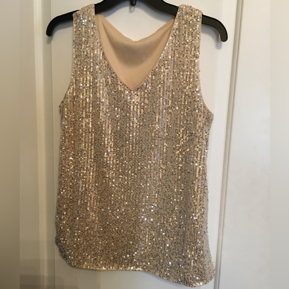 Sequin V-Neck Sleeveless Evening Top - Champagne L